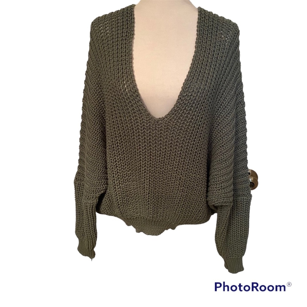POL SWEATER DEEP V-NECK GREEN CHUNKY RIBBED BOXY OVERSIZED BOHO SIZE S